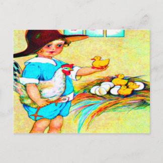 Cartão Postal Menina de chapéu de disquete com pintinhos de eclo