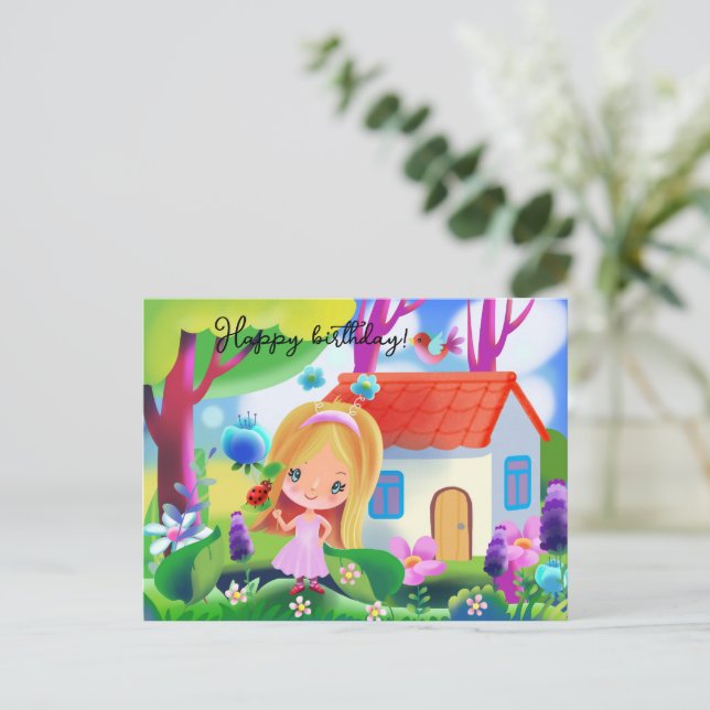Cartão Postal Menina de desenho animado fofa e casa de fada (Em pé/Frente)