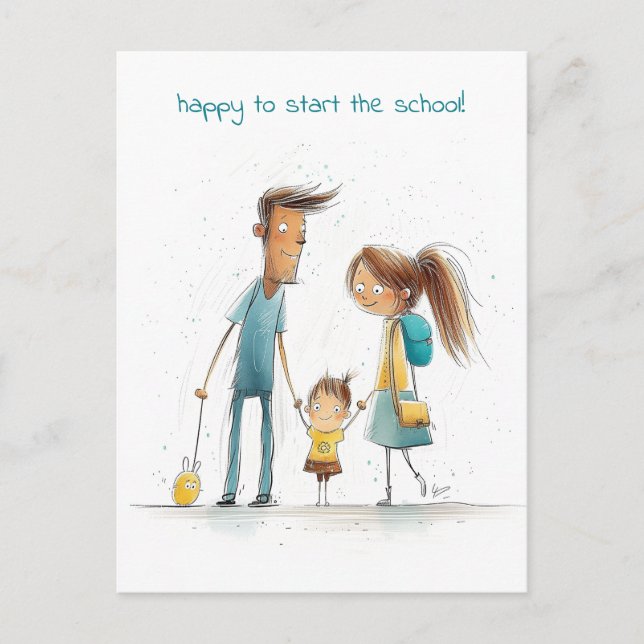 Cartão Postal Menina de escola com sua mãe e pai (Frente)