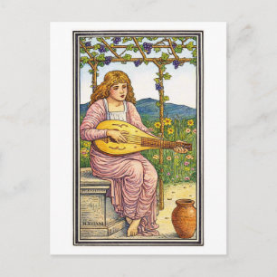Cartão Postal Menina de Estilo Medieval Retro Tocando Alaúde em