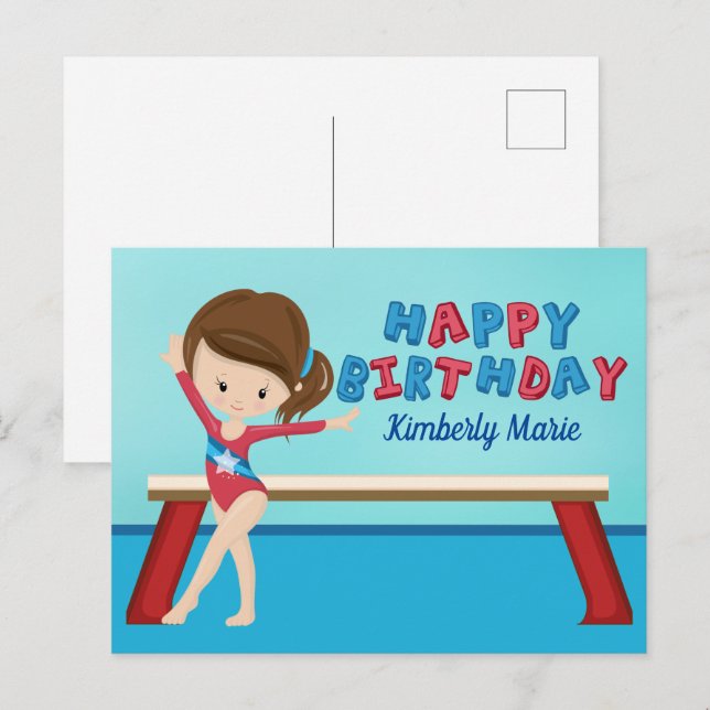 Cartão Postal Menina de ginástica fofa Feliz Aniversário de giná (Frente/Verso)