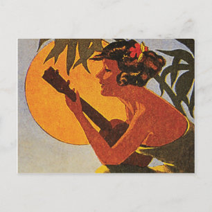 Cartão Postal Menina de Havaí que joga o ukulele no por do sol