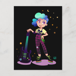 Cartão Postal Menina de música com cabelo azul com violão