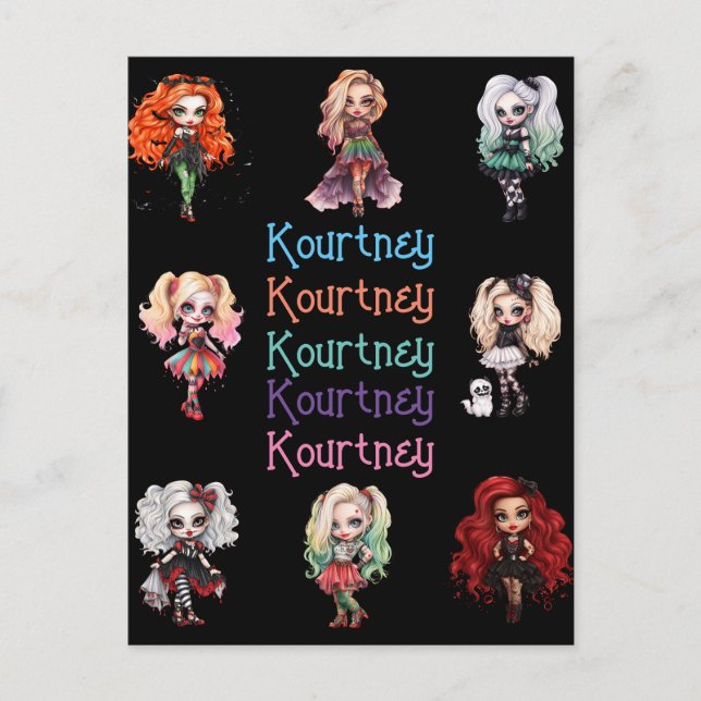 Cartão Postal Menina Doll Spooky Tema de Halloween com Nome (Frente)