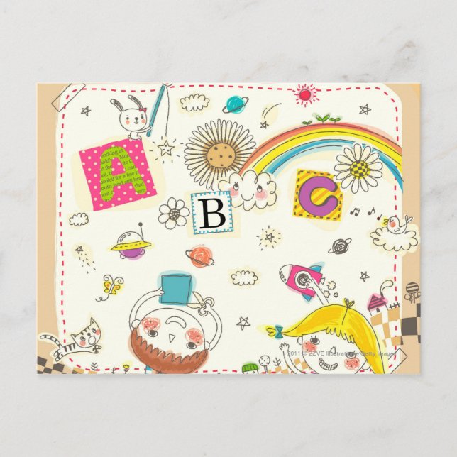 Cartão Postal Menina e garoto tocando em quadro negro (Frente)