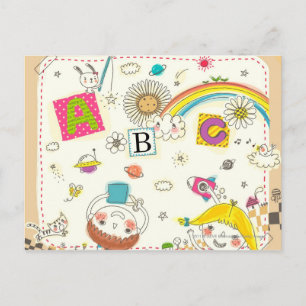 Cartão Postal Menina e garoto tocando em quadro negro