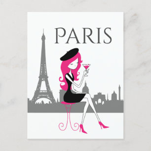 Cartão Postal Menina em um café na Torre Eiffel em Paris