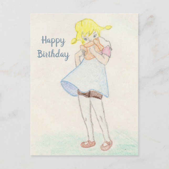 Cartão Postal Menina encantadora com urso de pelúcia (Frente)