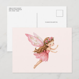 Cartão Postal Menina Fada Fofo em um Vestido Rosa Caprichoso