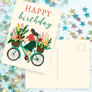 Cartão Postal Menina Fofa Andando de Bicicleta com Flores Feliz 