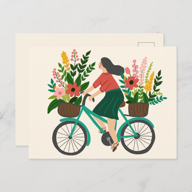 Cartão Postal Menina Fofa Andando de Bicicleta com Flores Person (Frente/Verso)