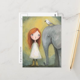 Cartão Postal Menina Fofa Cabelo Vermelho Com Elefante e Pássaro