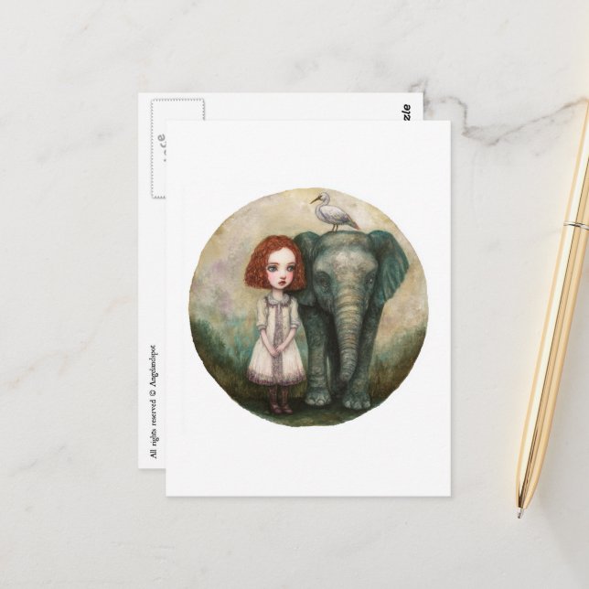 Cartão Postal Menina Fofa Com Elefante e Pássaro (Frente/Verso In Situ)