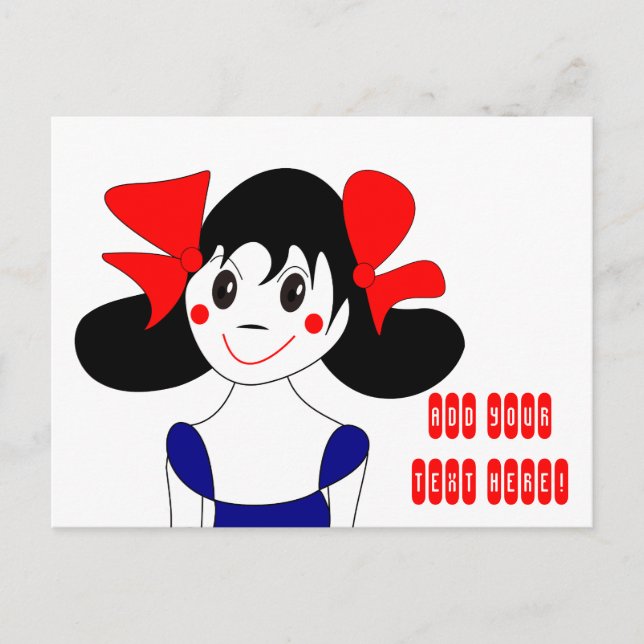 Cartão Postal Menina Fofa com Laços Vermelhos Ilustração Infanti (Frente)