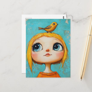 Cartão Postal Menina Fofa com um pássaro na cabeça