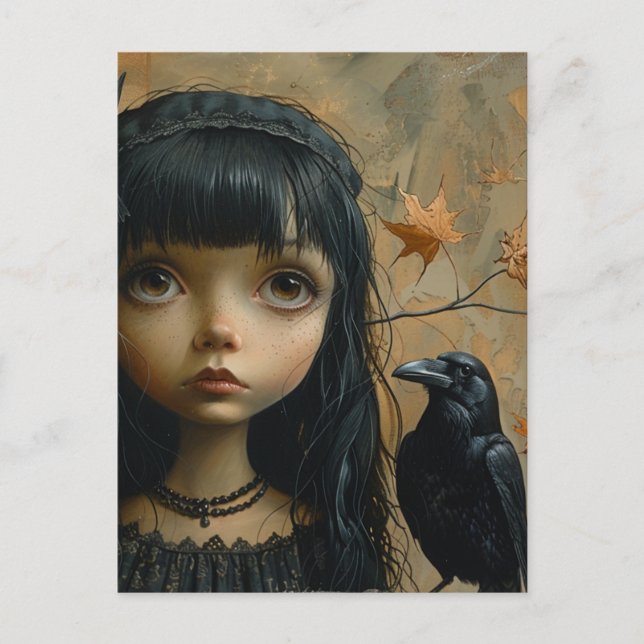 Cartão Postal Menina Fofa com um Pássaro Preto (Frente)
