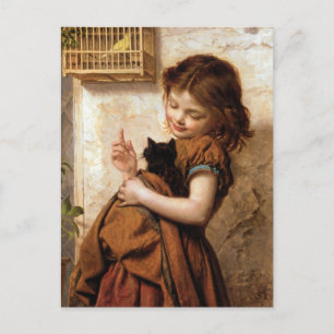 Cartão Postal Menina, Gatinho & Pássaro - Pintura Antiga