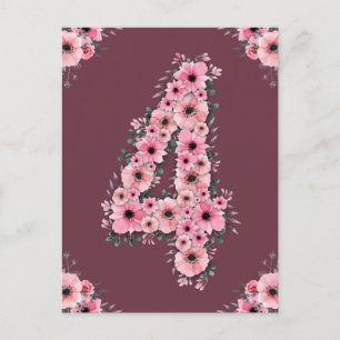 Cartão Postal Menina Grande 4º Aniversário Flores Rosa Folhagem 
