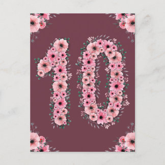 Cartão Postal Menina Grande Aniversário de 10 anos Flores Rosa F