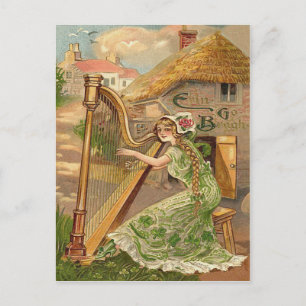 Cartão Postal Menina Harpa Rosa Trevo Erin Go Braugh
