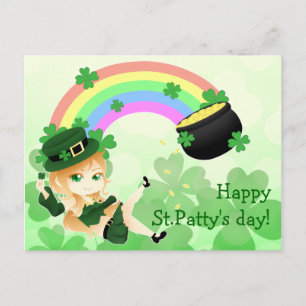 Cartão Postal Menina irlandesa bonito do leprechaun do chibi com