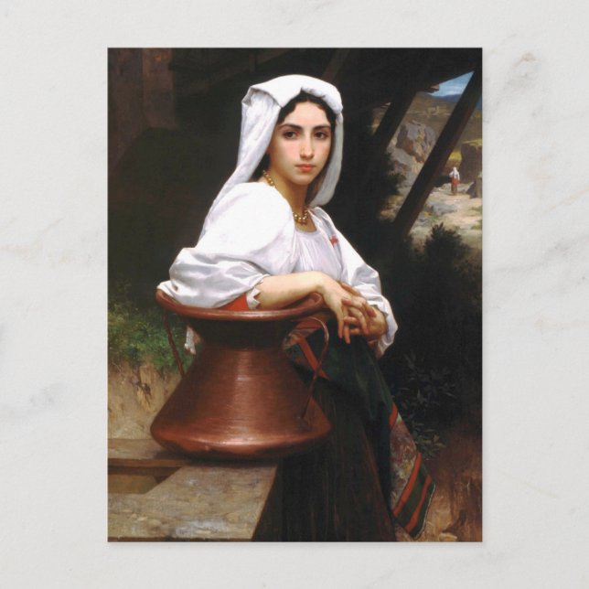 Cartão Postal Menina Italiana de Bouguereau Desenhando Água Cart (Frente)