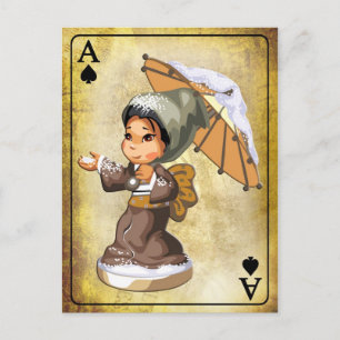 Cartão Postal Menina japonesa com guarda-chuva na neve