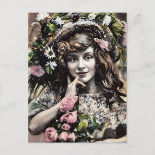 Cartão Postal Menina jovem com chapéu floral rosas desenho em pa