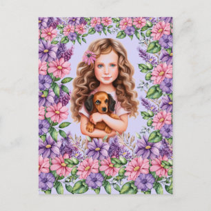 Cartão Postal Menina Lavanda com Cachorrinho Dachshund 