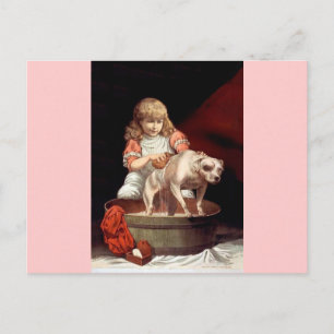 Cartão Postal Menina Lavando seu Cachorro de Estimação