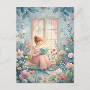 Cartão Postal Menina Lendo Livro Janela Iluminada Pelo Sol