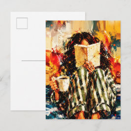 Cartão Postal Menina Lendo Livro Pintura Artística Aconchegante