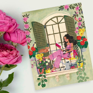 Cartão Postal Menina lendo na sacada de verão com gatos