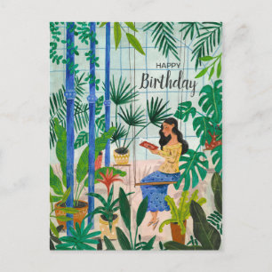 Cartão Postal Menina lendo plantas de estufa azul mindful