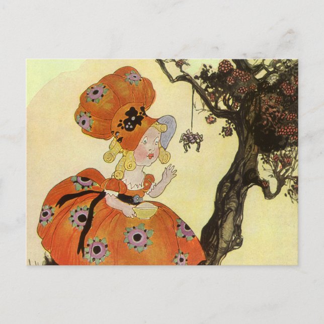 Cartão Postal Menina Muffet & Spider, Vintage Madre Goose (Frente)