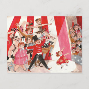 Cartão Postal Menina negra vermelha-rosa-rosa-branca-circo anima