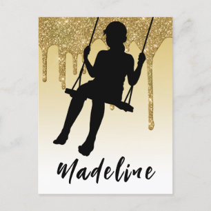 Cartão Postal Menina no Balanço Dourado Glitter Drip Ombre  