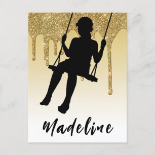 Cartão Postal Menina no Balanço Dourado Glitter Drip Ombre   