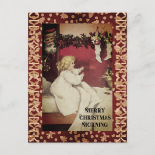 Cartão Postal Menina Pequena Vintage Natal Manhã Papai Noel
