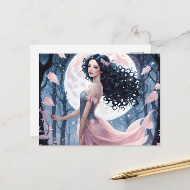 Cartão Postal Menina Preta e Lua Inteira Rosa (Frente/Verso In Situ)