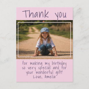 Cartão Postal Menina Rosa Moderna Foto Aniversário Obrigada