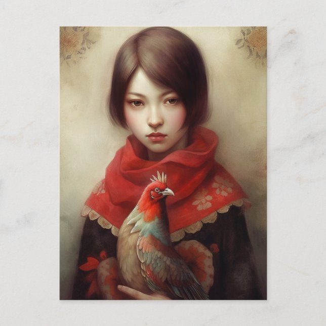 Cartão Postal Menina segura sua galinha de estimação Arte de IA (Frente)