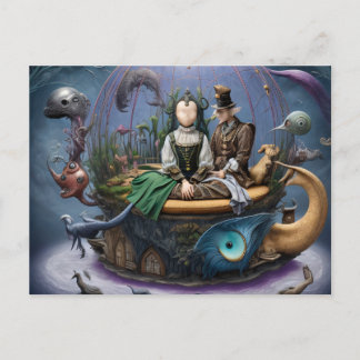 Cartão Postal Menina Sem Rosto Surreal em um Barco Mágico