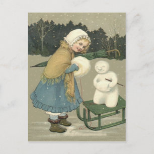 Cartão Postal Menina Sorridente Boneco de Neve Trenó Neve Flores