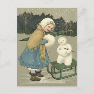 Cartão Postal Menina Sorridente Boneco de Neve Trenó Neve Flores
