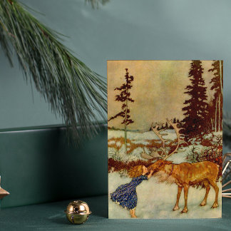 Cartão Postal Menina Vintage e Rena Enfeitiçada de Inverno