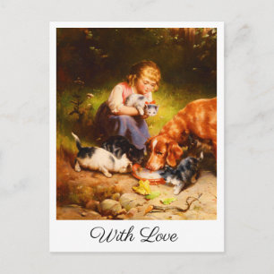 Cartão Postal Menina Vitoriana com Gatinhos e Cachorro Arte Com 