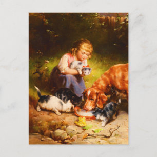 Cartão Postal Menina Vitoriana com Gatinhos e Cachorro Arte Fina