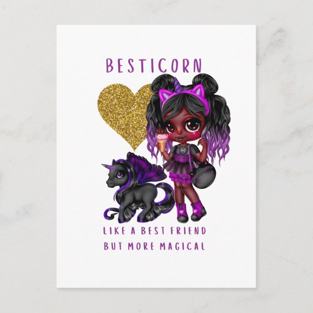 Cartão Postal Meninas Amigas Presentes Preto Unicórn Besticorn M (Frente)
