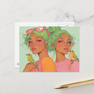 Cartão Postal Meninas Caprichosas Com Pássaros